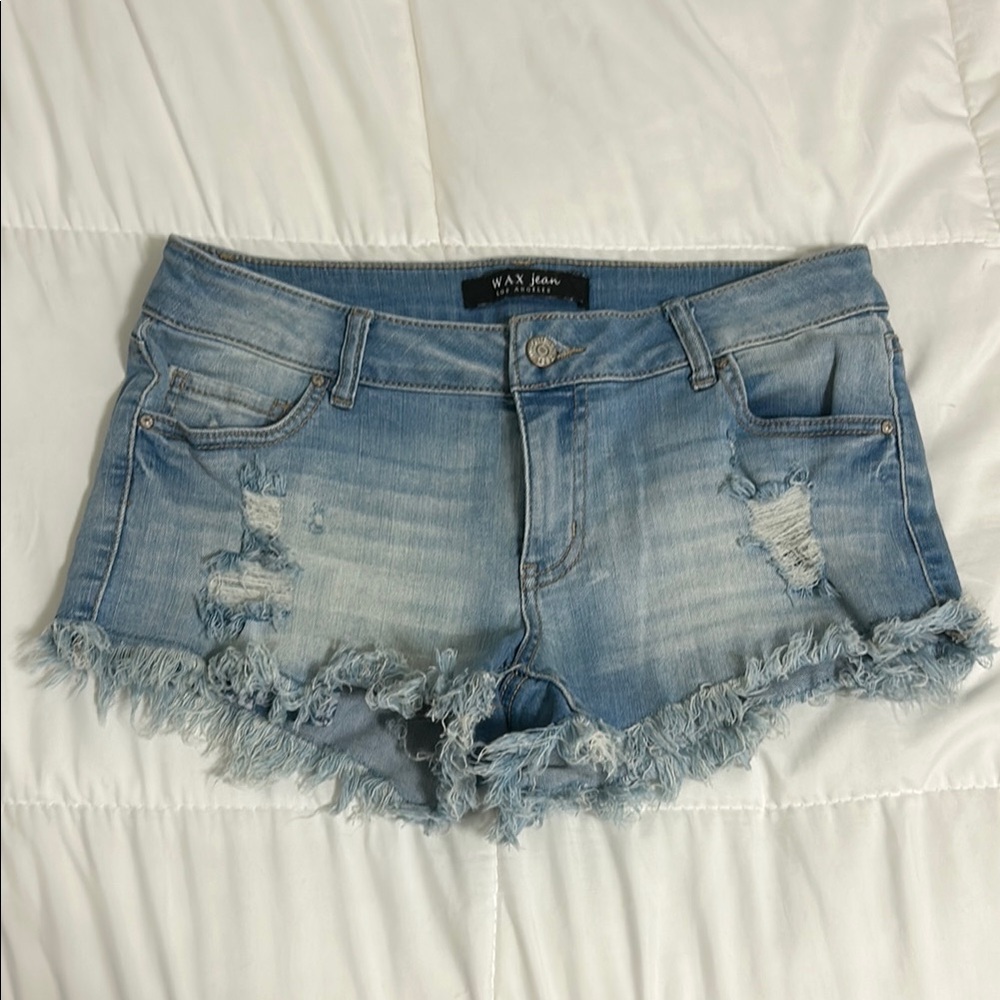 Wax Jean Low Rise Blue Distressed Jean Shorts with Frayed Hem